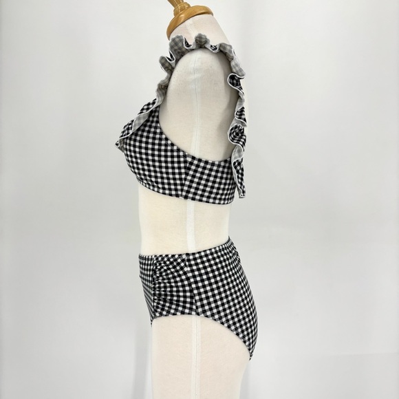 Cabana del Sol Black and White Houndstooth High Waisted Ruffle Bikini, Small - Picture 5 of 16